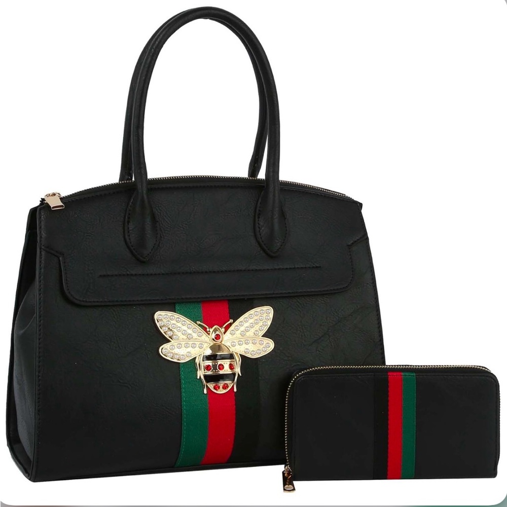 Black and Red Satchel with Bee Embellishment